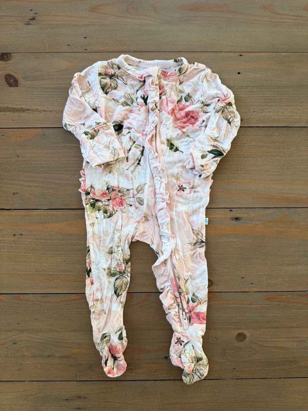 Like New Posh Peanut Bamboo Pink Floral Ruffle Zipper Footie - Newborn
